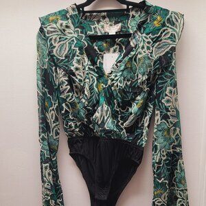 Band Of The Free Floral Body Suit One Piece Sheer Sleeves Ruffles NWT